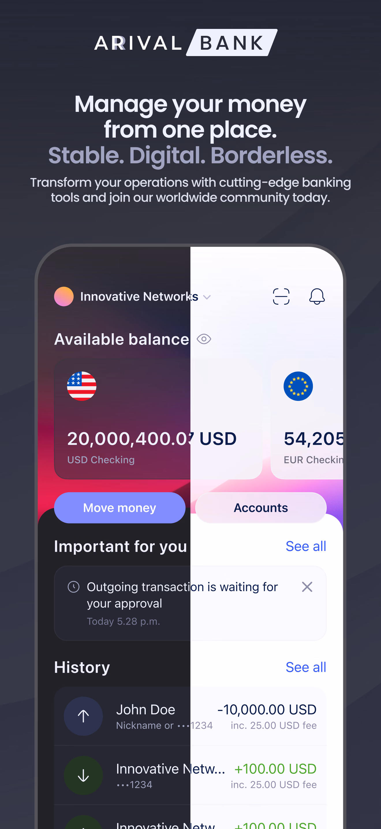 Экран для App Store: Manage your money from one place — главный экран iOS с балансами