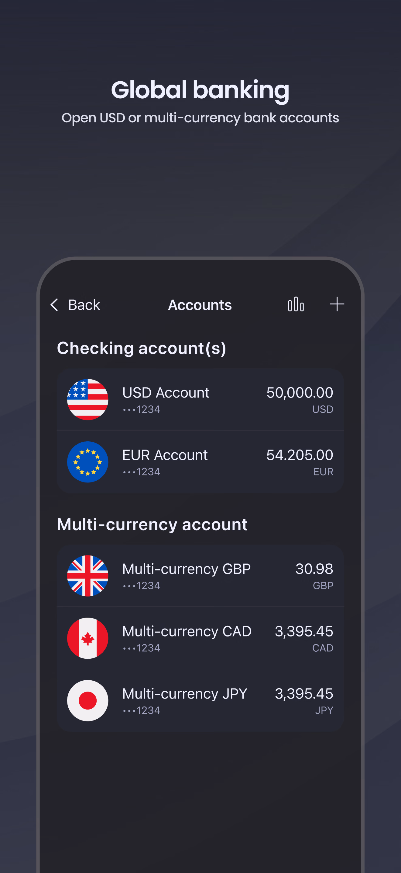 Экран для App Store: Global banking — расчётные и мультивалютные счета