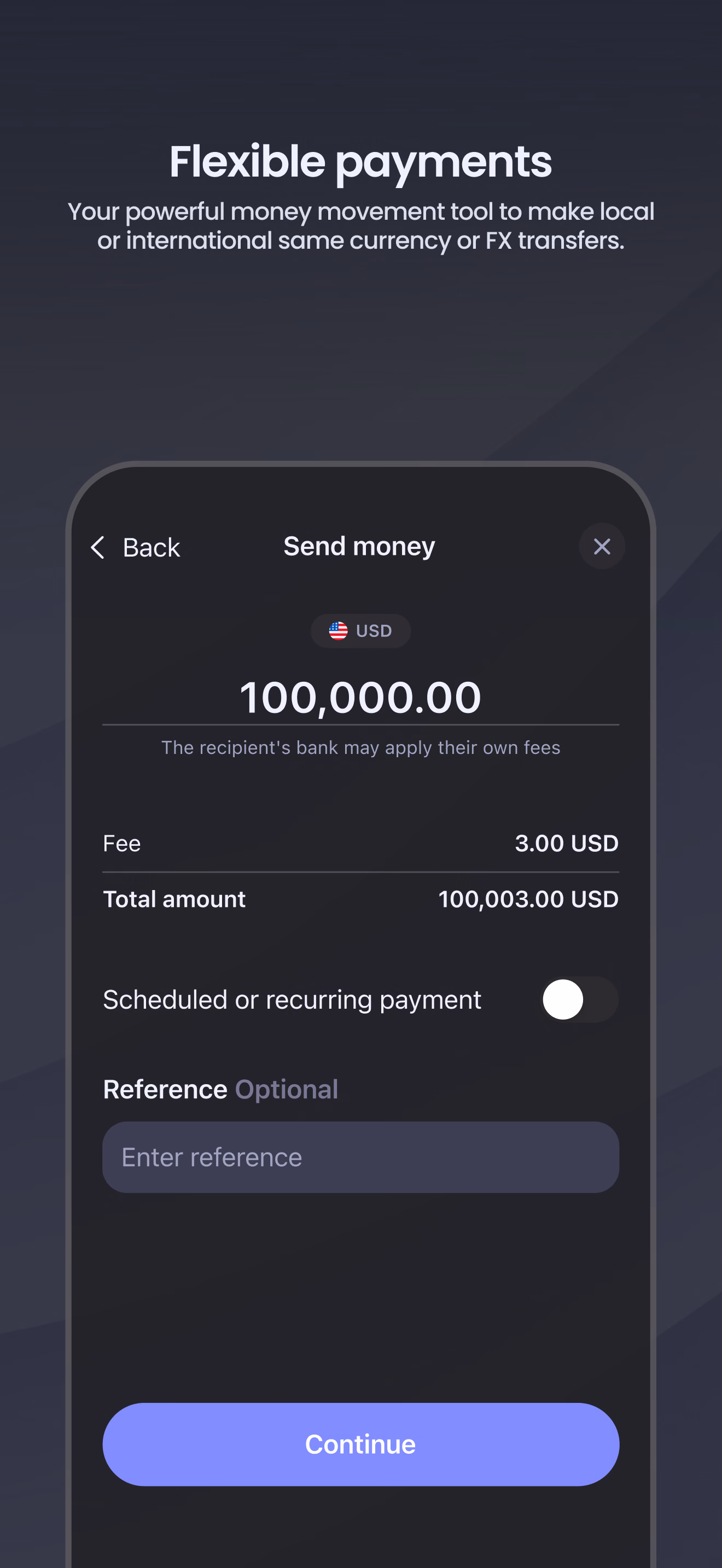 Экран для App Store: Flexible payments — отправка денег