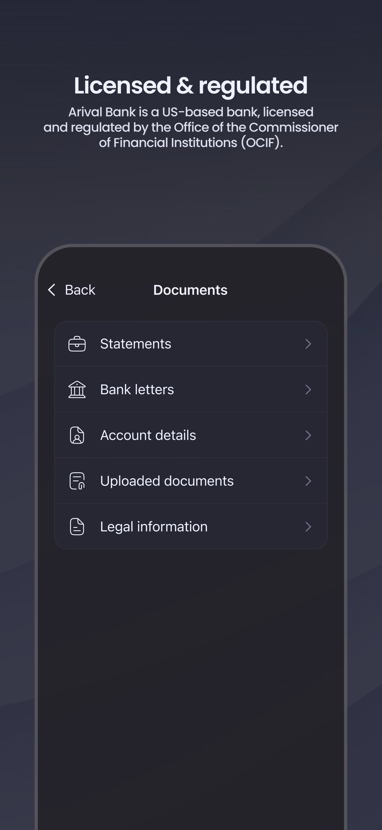 Экран для App Store: Licensed & regulated — раздел документов