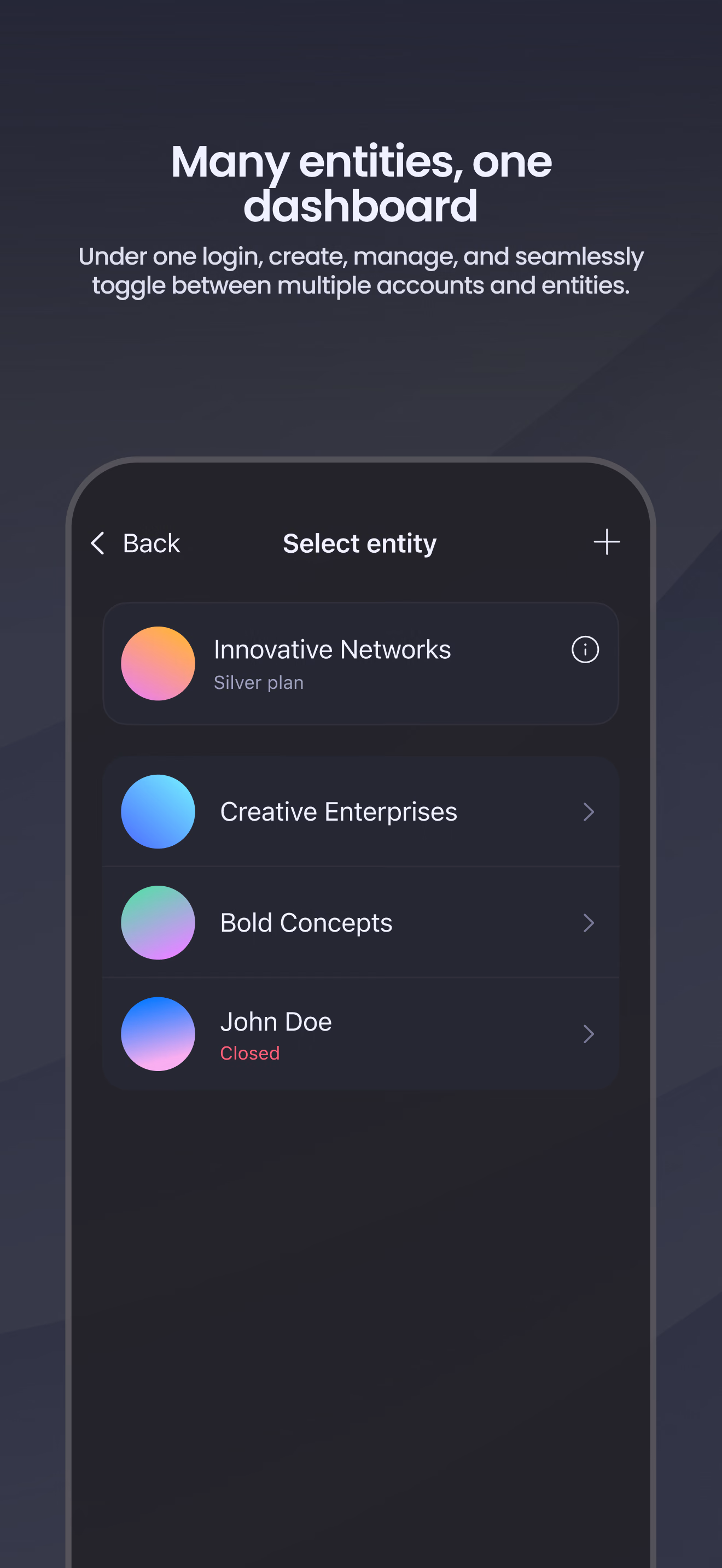 Экран для App Store: Many entities, one dashboard — переключение между компаниями