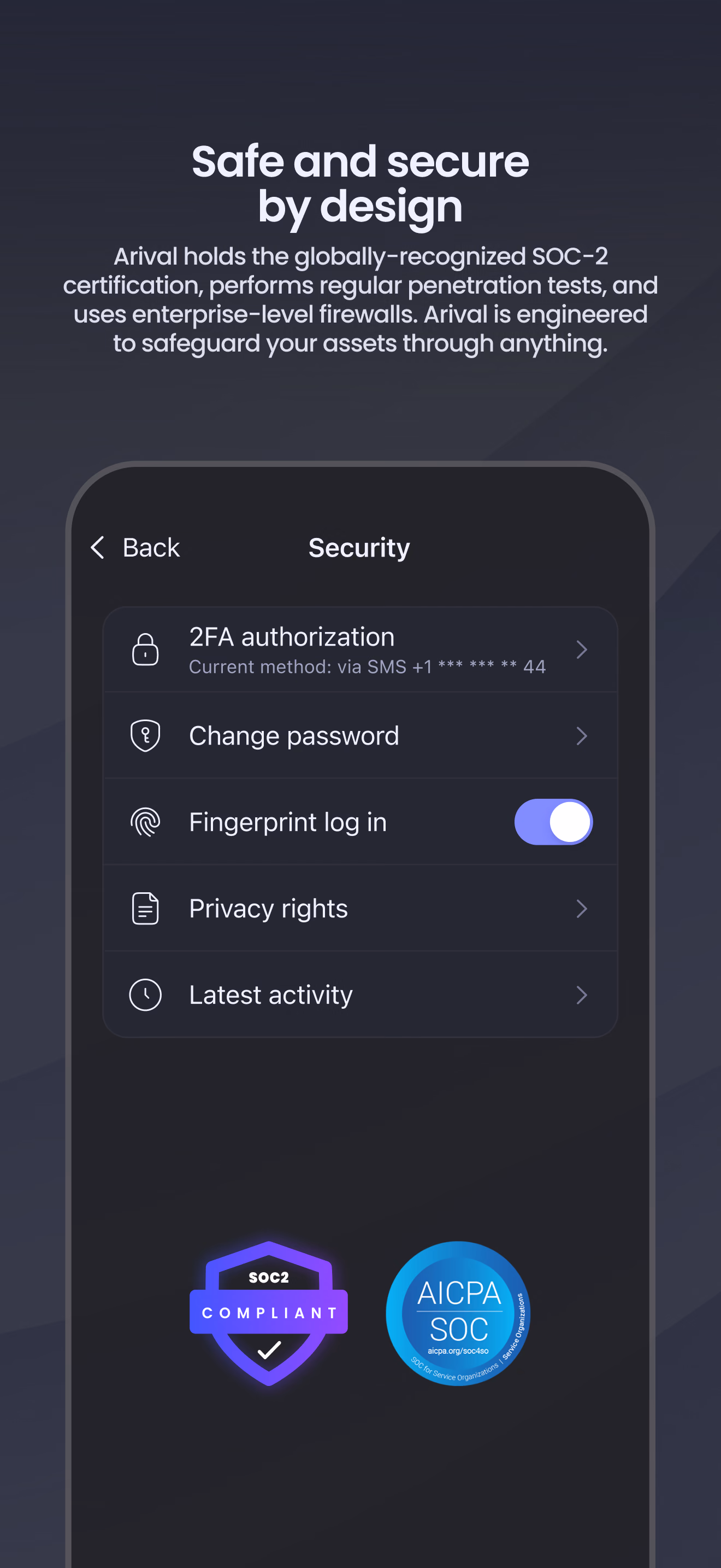 Экран для App Store: Safe and secure by design — настройки безопасности