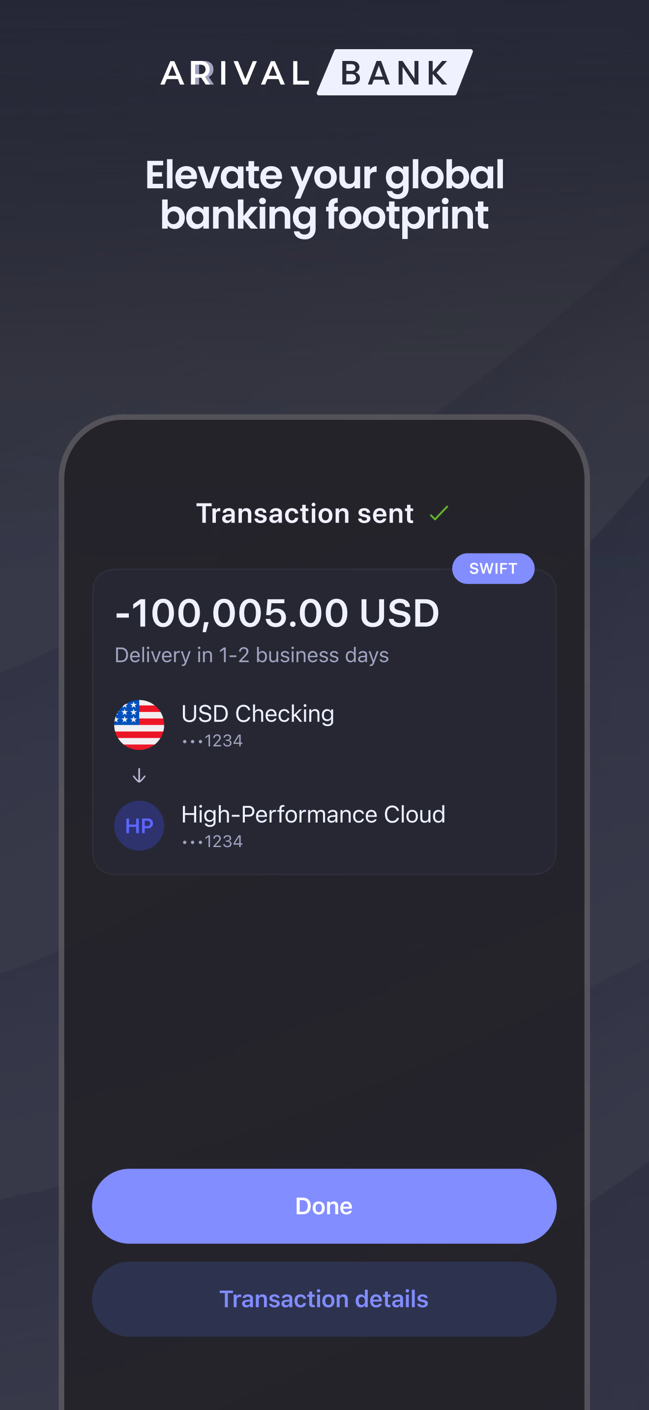 Экран для App Store: Elevate your global banking footprint — отправленный перевод