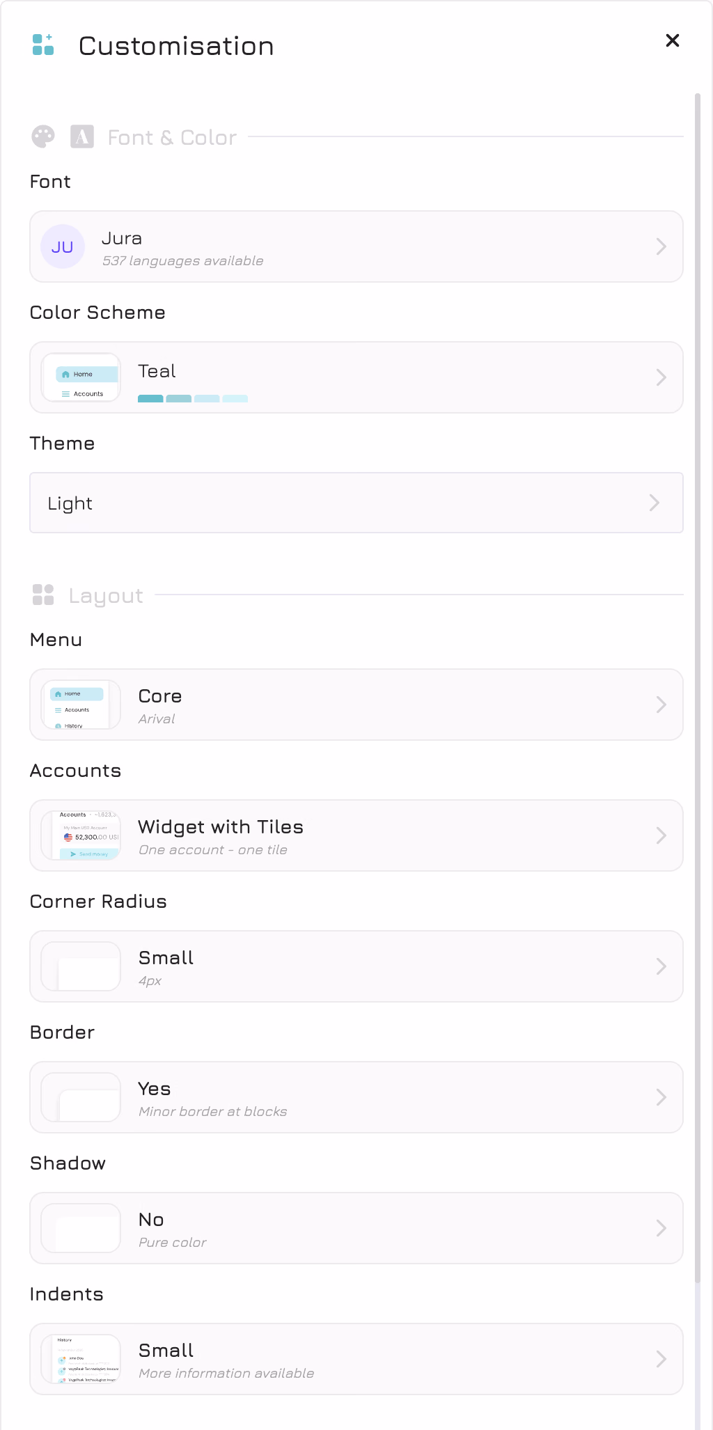 Панель Customisation: шрифт, цветовая схема, тема, меню, счета, скругление, рамка, тень, отступы